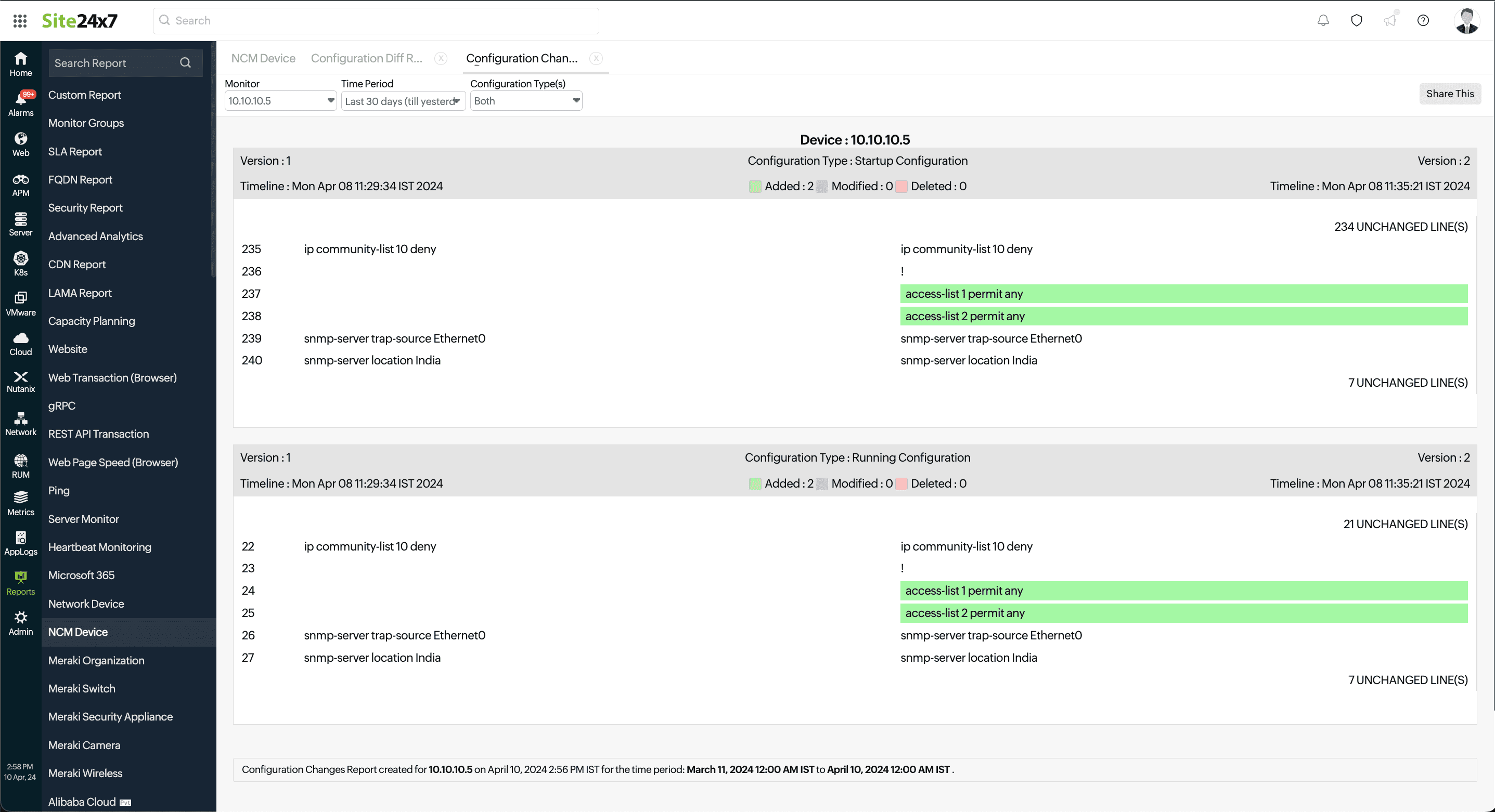 Configuration changes report