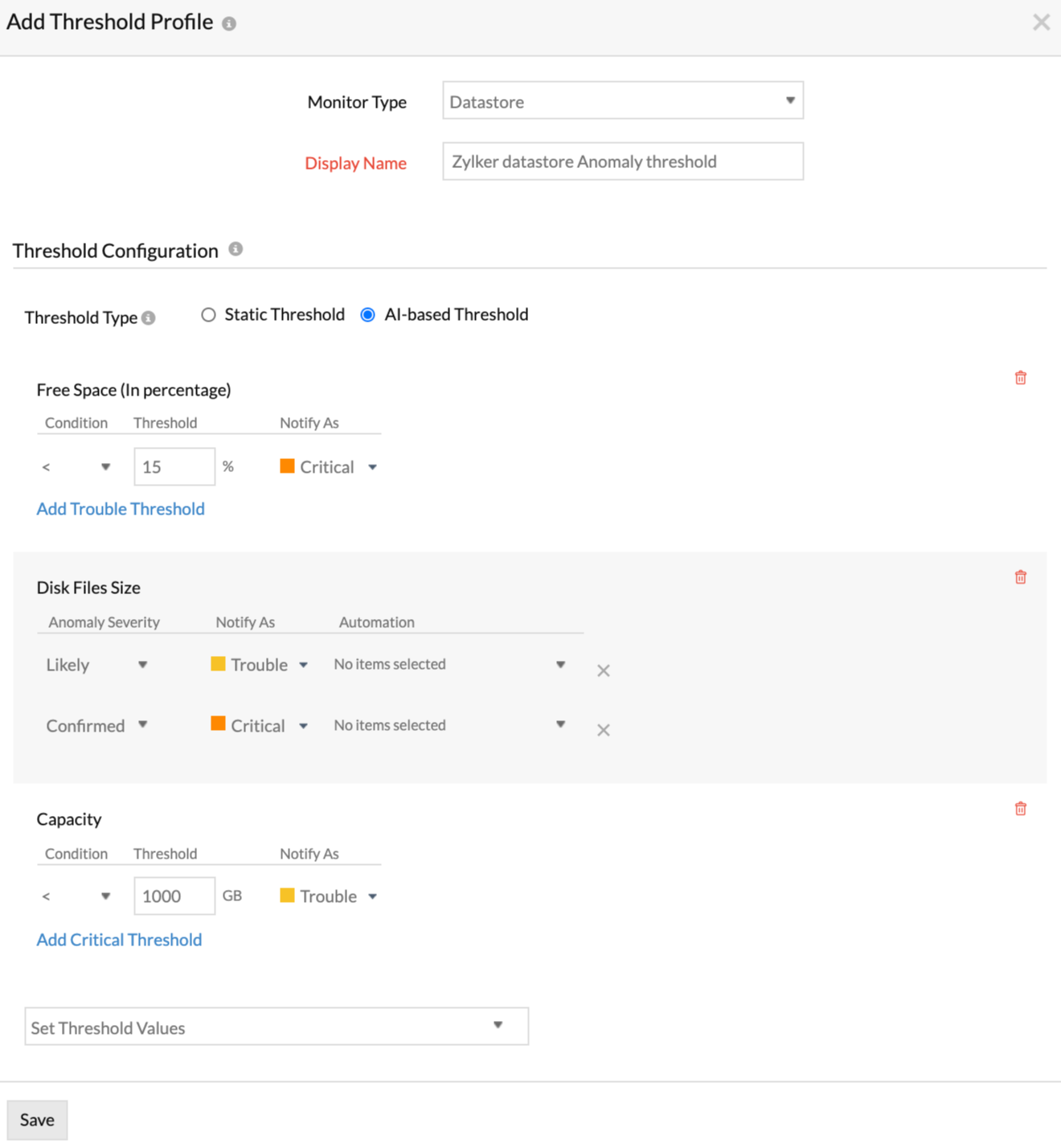 Configure thresholds for VMware datastores