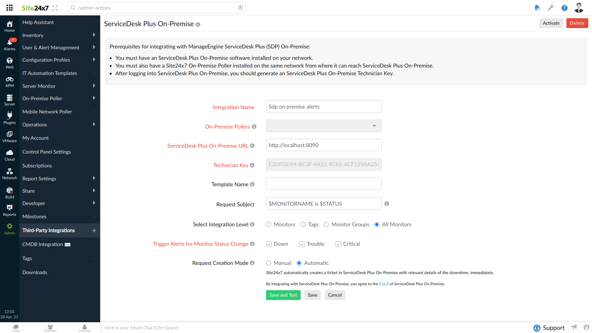 sdp-on-premise site24x7 integration