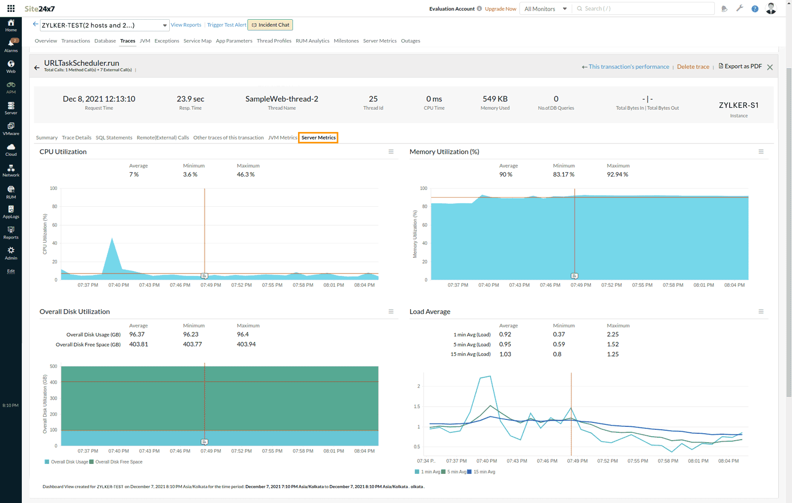 Server Metrics tab under Traces tab