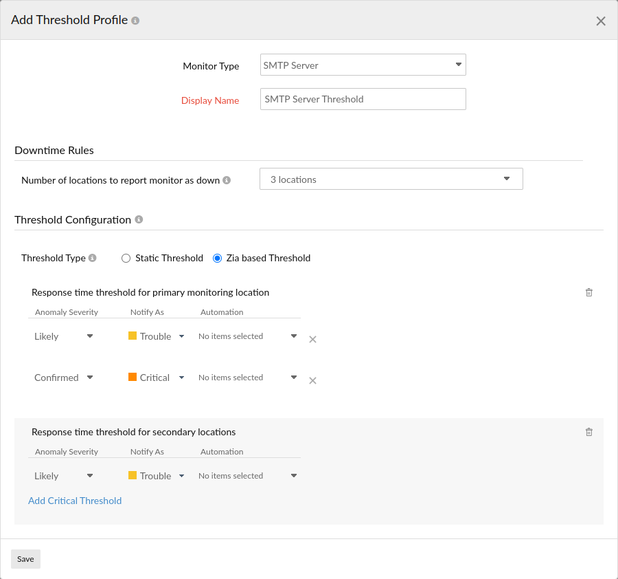 Learn how to configure threshold settings for an SMTP monitor